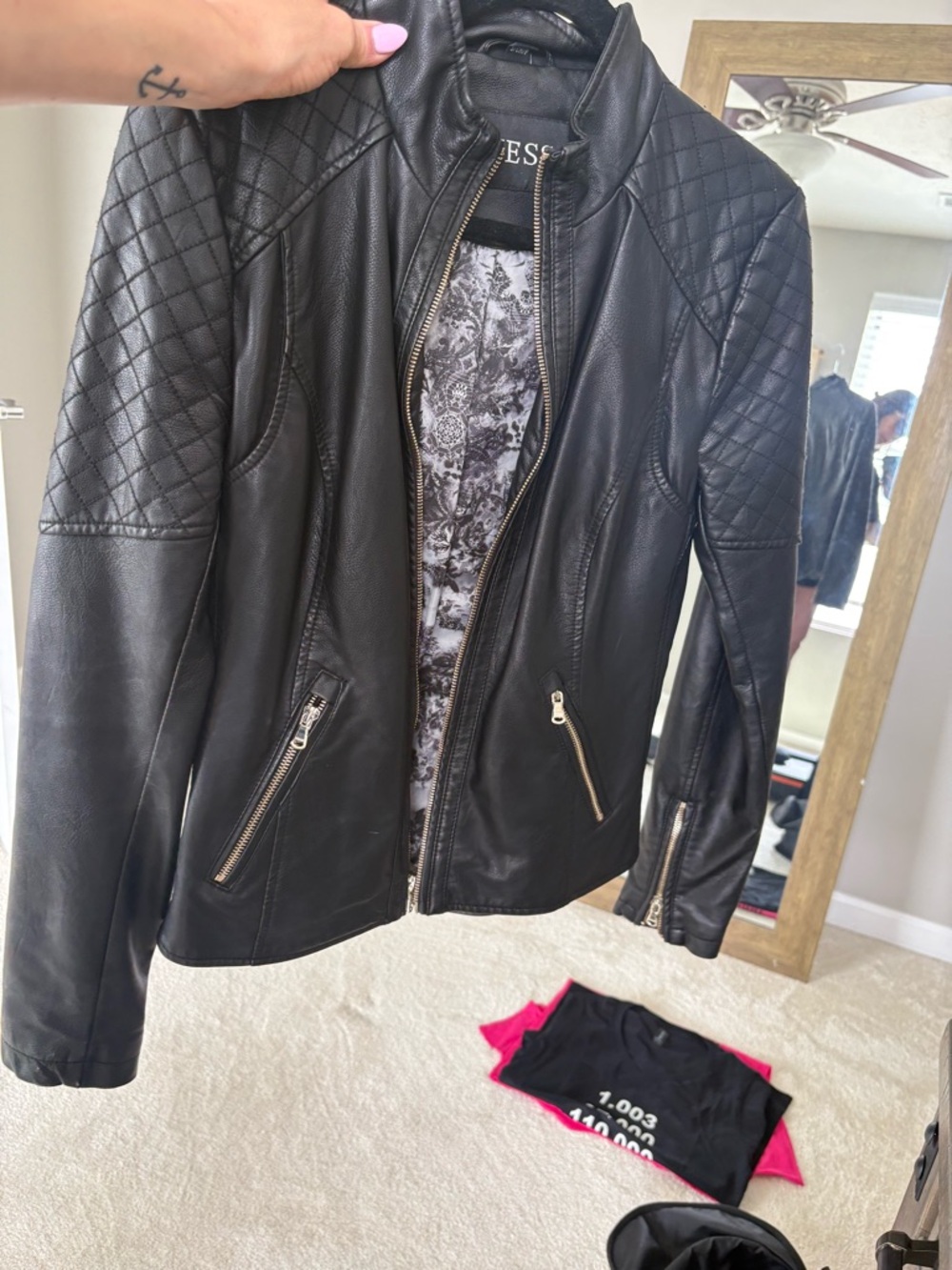 Guess Black Quilted Faux Leather Moto Jacket